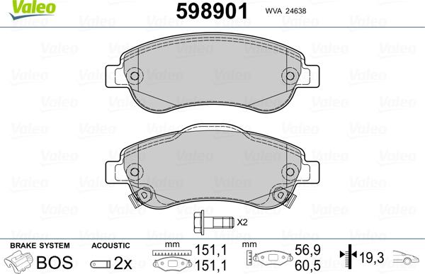 Valeo 598901 - Комплект спирачно феродо, дискови спирачки vvparts.bg