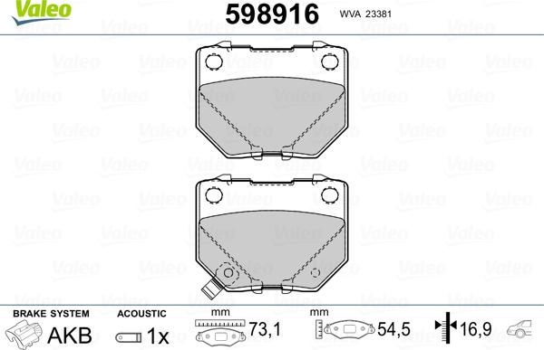 Valeo 598916 - Комплект спирачно феродо, дискови спирачки vvparts.bg