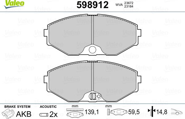 Valeo 598912 - Комплект спирачно феродо, дискови спирачки vvparts.bg