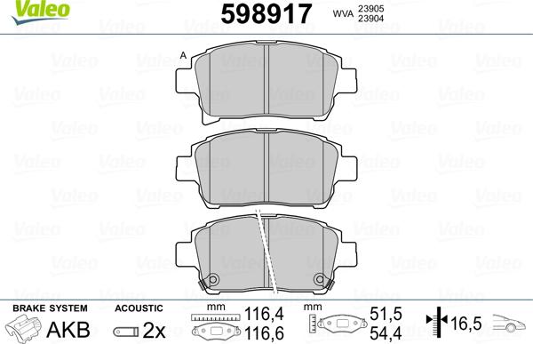 Valeo 598917 - Комплект спирачно феродо, дискови спирачки vvparts.bg