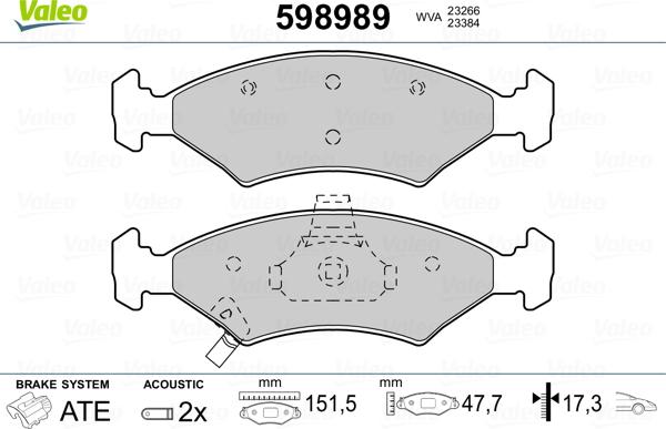 Valeo 598989 - Комплект спирачно феродо, дискови спирачки vvparts.bg