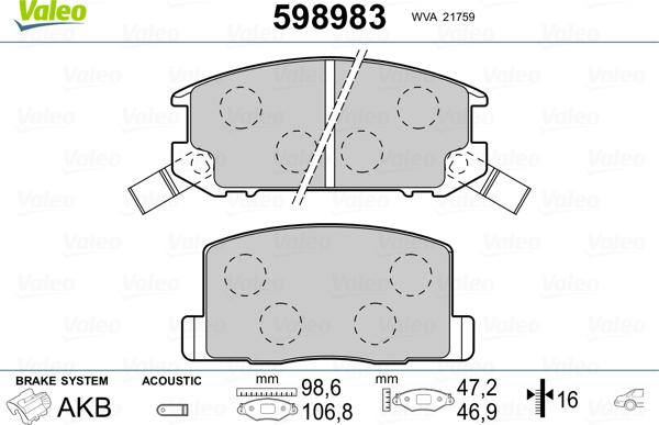 Valeo 598983 - Комплект спирачно феродо, дискови спирачки vvparts.bg