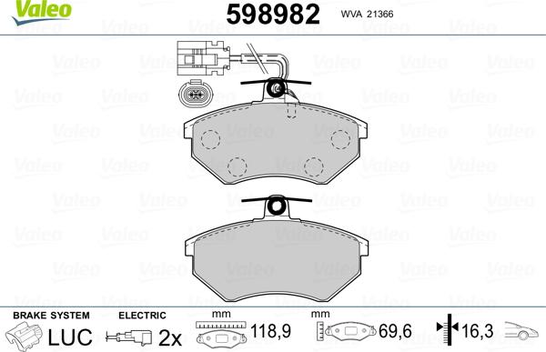 Valeo 598982 - Комплект спирачно феродо, дискови спирачки vvparts.bg