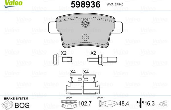 Valeo 598936 - Комплект спирачно феродо, дискови спирачки vvparts.bg