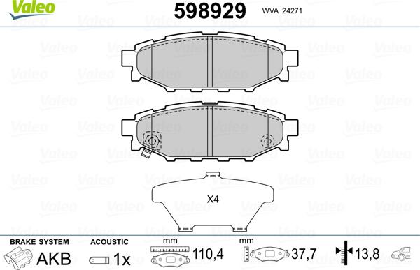 Valeo 598929 - Комплект спирачно феродо, дискови спирачки vvparts.bg