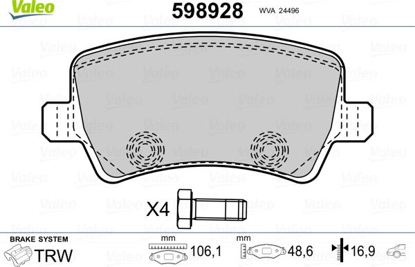 Valeo 598928 - Комплект спирачно феродо, дискови спирачки vvparts.bg