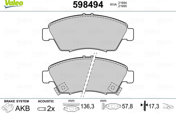 Valeo 598494 - Комплект спирачно феродо, дискови спирачки vvparts.bg