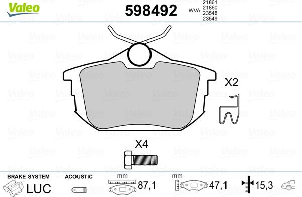 Valeo 598492 - Комплект спирачно феродо, дискови спирачки vvparts.bg