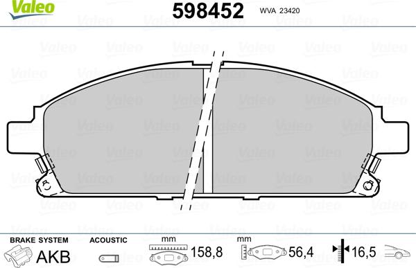 Valeo 598452 - Комплект спирачно феродо, дискови спирачки vvparts.bg