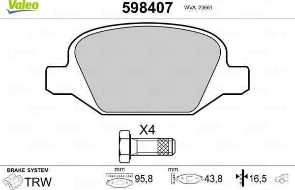 Valeo 598407 - Комплект спирачно феродо, дискови спирачки vvparts.bg