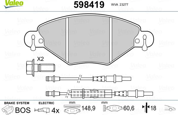 Valeo 598419 - Комплект спирачно феродо, дискови спирачки vvparts.bg