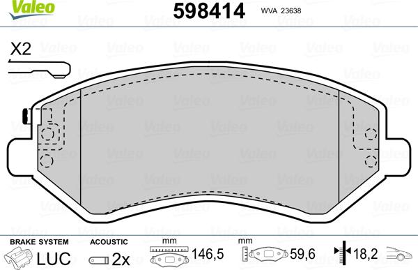 Valeo 598414 - Комплект спирачно феродо, дискови спирачки vvparts.bg