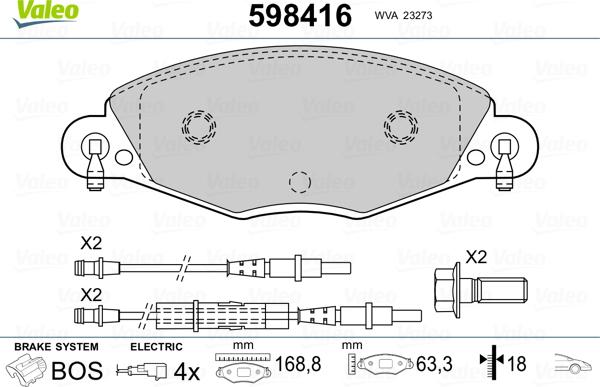 Valeo 598416 - Комплект спирачно феродо, дискови спирачки vvparts.bg