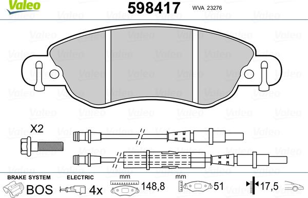 Valeo 598417 - Комплект спирачно феродо, дискови спирачки vvparts.bg