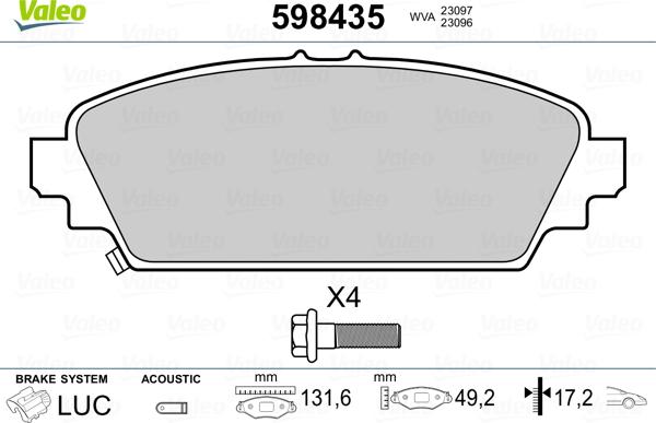 Valeo 598435 - Комплект спирачно феродо, дискови спирачки vvparts.bg