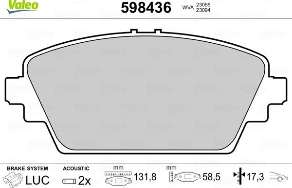 Valeo 598436 - Комплект спирачно феродо, дискови спирачки vvparts.bg