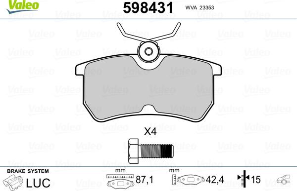 Valeo 598431 - Комплект спирачно феродо, дискови спирачки vvparts.bg