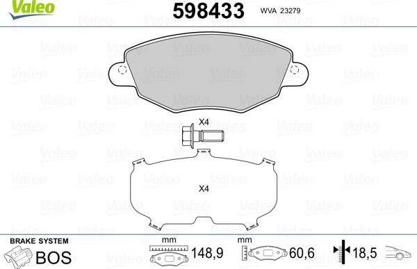 Valeo 598433 - Комплект спирачно феродо, дискови спирачки vvparts.bg