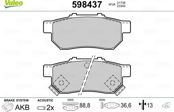 Valeo 598437 - Комплект спирачно феродо, дискови спирачки vvparts.bg