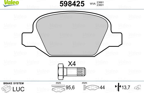 Valeo 598425 - Комплект спирачно феродо, дискови спирачки vvparts.bg