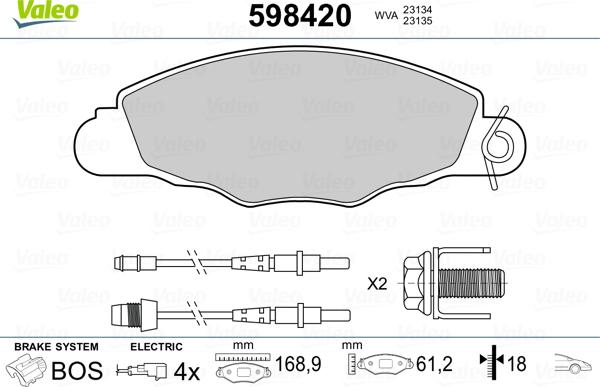 Valeo 598420 - Комплект спирачно феродо, дискови спирачки vvparts.bg