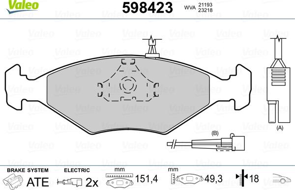 Valeo 598423 - Комплект спирачно феродо, дискови спирачки vvparts.bg