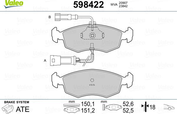 Valeo 598422 - Комплект спирачно феродо, дискови спирачки vvparts.bg