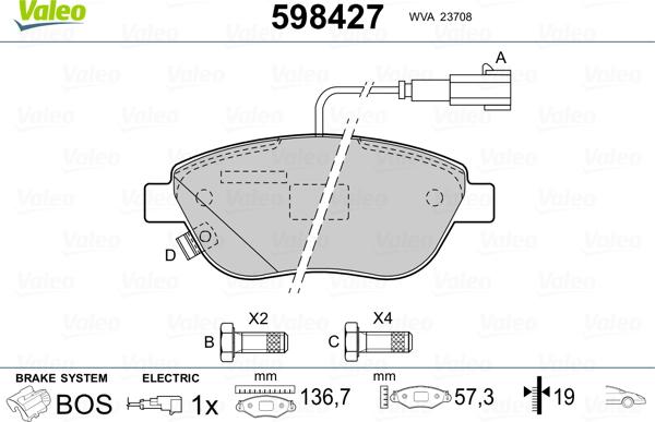 Valeo 598427 - Комплект спирачно феродо, дискови спирачки vvparts.bg