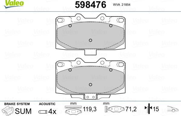 Valeo 598476 - Комплект спирачно феродо, дискови спирачки vvparts.bg