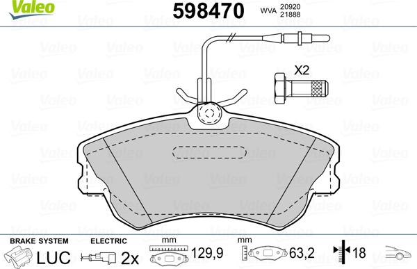 Valeo 598470 - Комплект спирачно феродо, дискови спирачки vvparts.bg