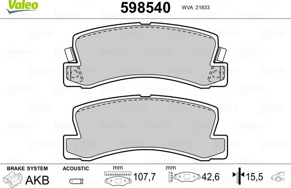 Valeo 598540 - Комплект спирачно феродо, дискови спирачки vvparts.bg