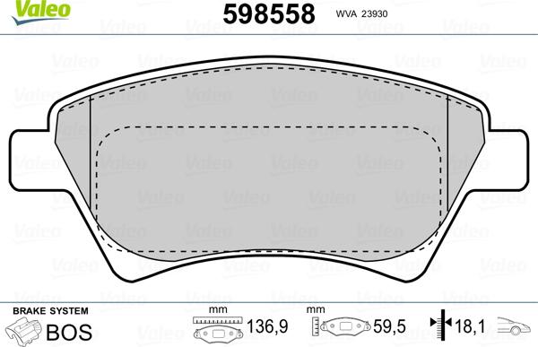 Valeo 598558 - Комплект спирачно феродо, дискови спирачки vvparts.bg