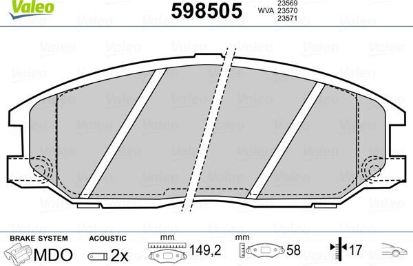 Valeo 598505 - Комплект спирачно феродо, дискови спирачки vvparts.bg