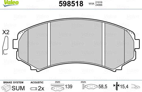 Valeo 598518 - Комплект спирачно феродо, дискови спирачки vvparts.bg