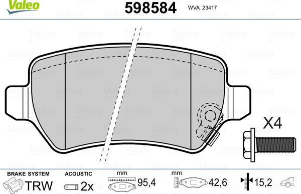 Valeo 598584 - Комплект спирачно феродо, дискови спирачки vvparts.bg