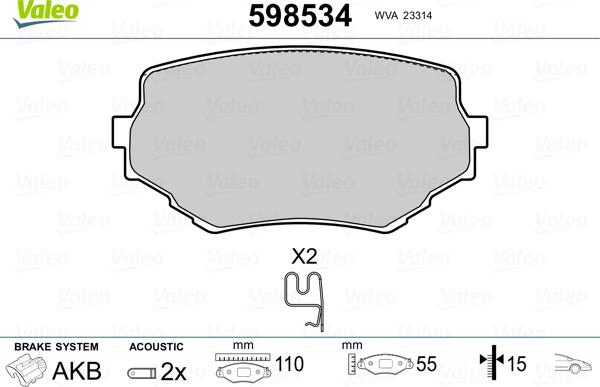 Valeo 598534 - Комплект спирачно феродо, дискови спирачки vvparts.bg