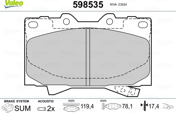 Valeo 598535 - Комплект спирачно феродо, дискови спирачки vvparts.bg