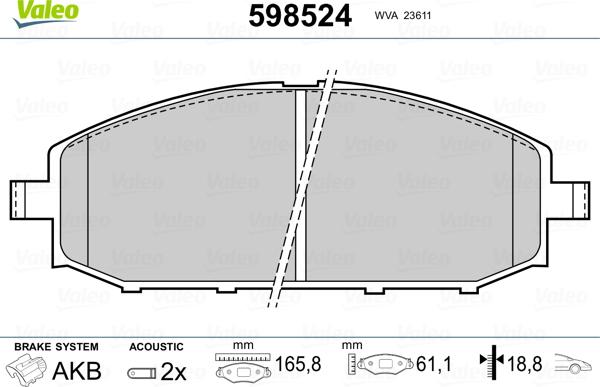 Valeo 598524 - Комплект спирачно феродо, дискови спирачки vvparts.bg