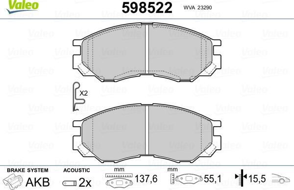 Valeo 598522 - Комплект спирачно феродо, дискови спирачки vvparts.bg