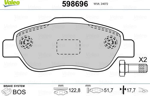 Valeo 598696 - Комплект спирачно феродо, дискови спирачки vvparts.bg