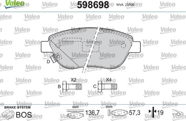 Valeo 598698 - Комплект спирачно феродо, дискови спирачки vvparts.bg
