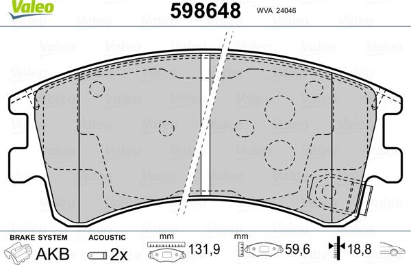 Valeo 598648 - Комплект спирачно феродо, дискови спирачки vvparts.bg