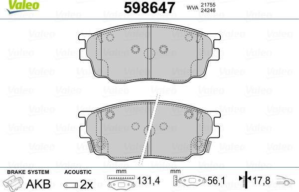 Valeo 598647 - Комплект спирачно феродо, дискови спирачки vvparts.bg