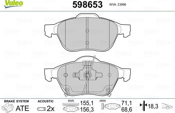 Valeo 598653 - Комплект спирачно феродо, дискови спирачки vvparts.bg