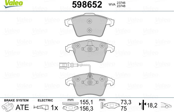 Valeo 598652 - Комплект спирачно феродо, дискови спирачки vvparts.bg