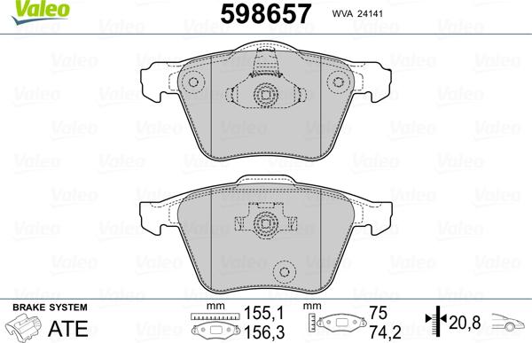 Valeo 598657 - Комплект спирачно феродо, дискови спирачки vvparts.bg