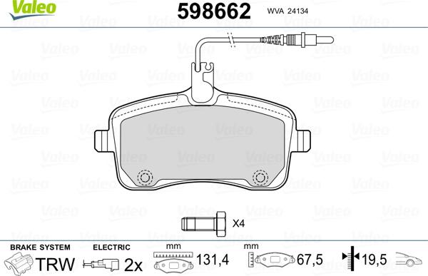 Valeo 598662 - Комплект спирачно феродо, дискови спирачки vvparts.bg