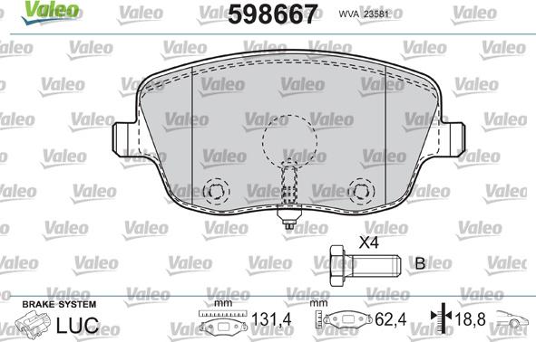 Valeo 598667 - Комплект спирачно феродо, дискови спирачки vvparts.bg