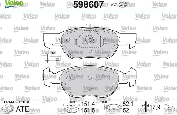 Valeo 598607 - Комплект спирачно феродо, дискови спирачки vvparts.bg