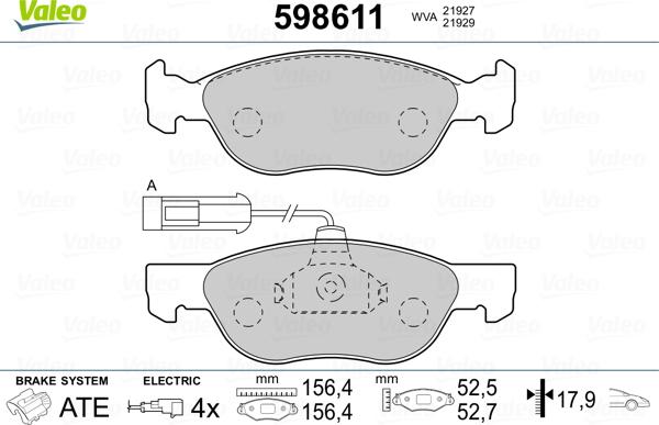 Valeo 598611 - Комплект спирачно феродо, дискови спирачки vvparts.bg